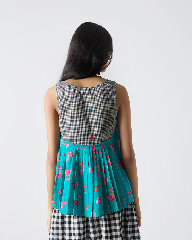 Strappy Back Gathered Top - Teal & Fuchsia Print