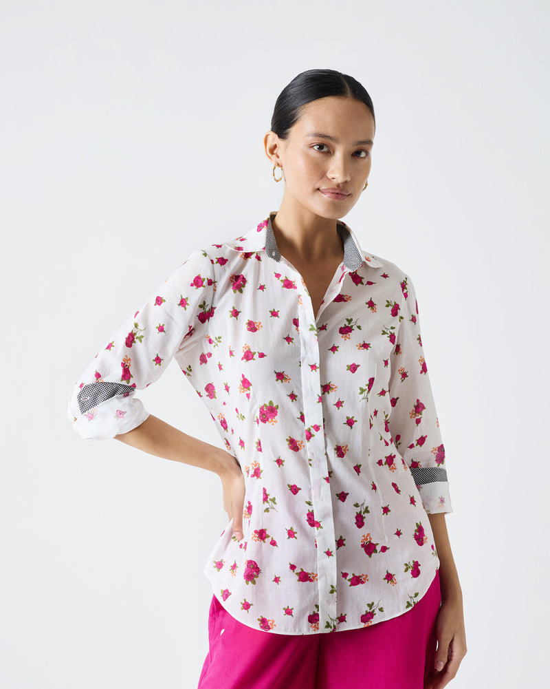 Spring Fitted Shirt - White & Fuchsia Print