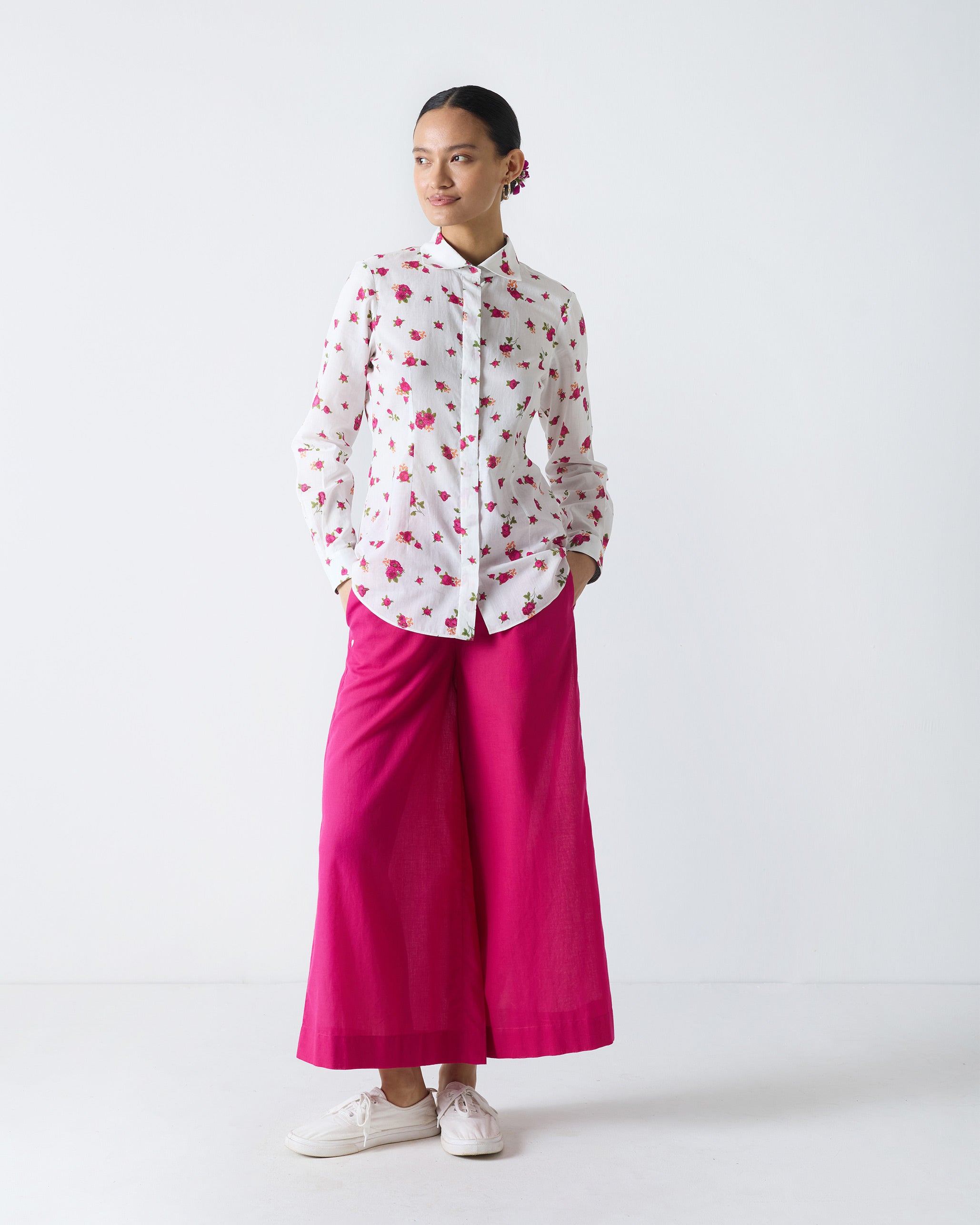 Spring Fitted Shirt - White & Fuchsia Print