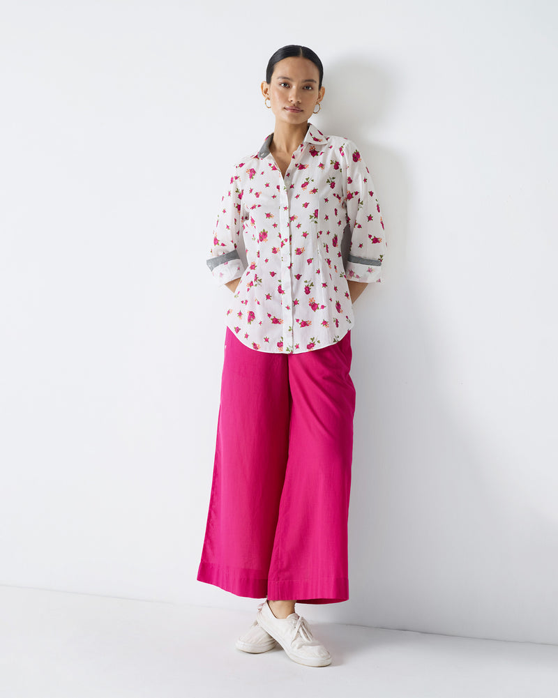 Spring Fitted Shirt - White & Fuchsia Print