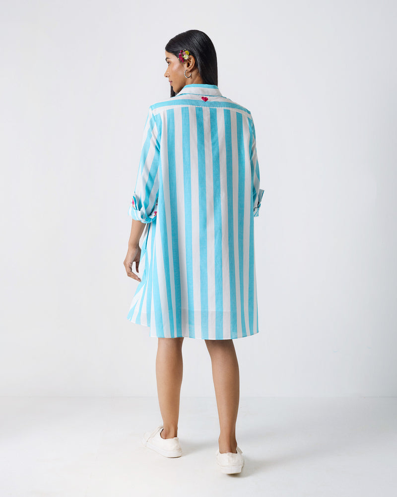 Ava Shirt Dress - Aqua & White Stripes