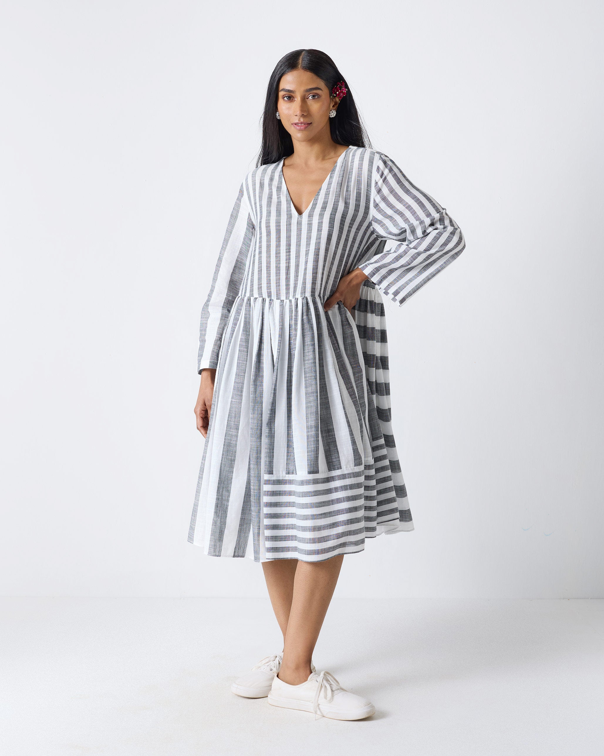 Rainy Season Dress - Charcoal & White Stripes