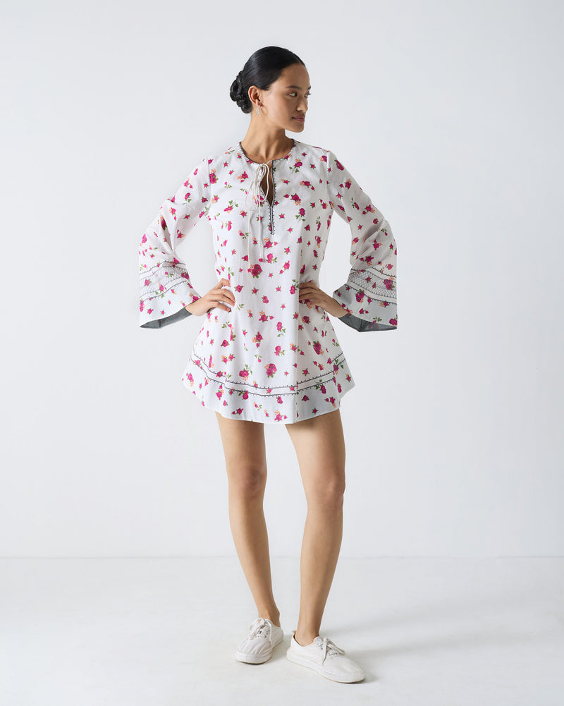 Shiro Beach Dress - White & Fuchsia Print