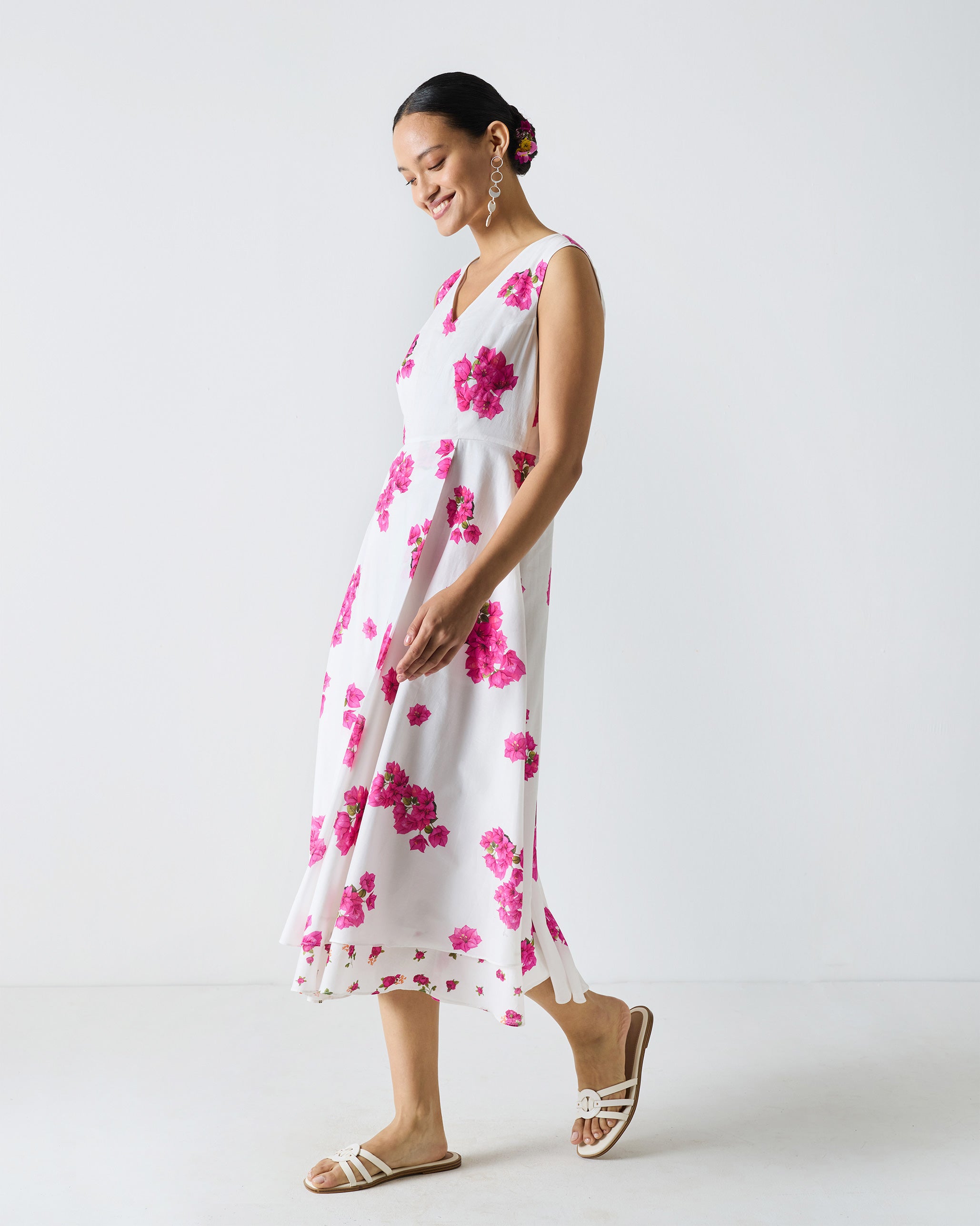 Ceylon Layered Dress - White & Fuchsia Print