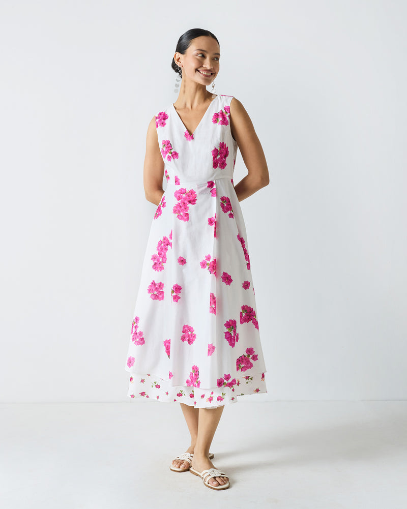 Ceylon Layered Dress - White & Fuchsia Print