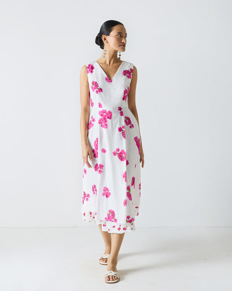 Ceylon Layered Dress - White & Fuchsia Print