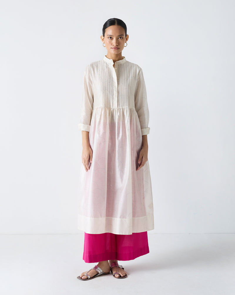 Crescent Pintuck Kurta - Ivory & Silver Print