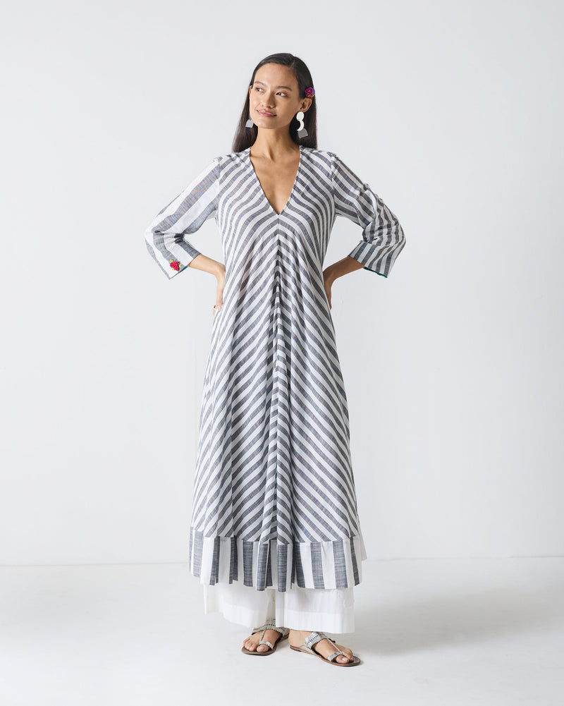 Domino Kurta - Charcoal & White Stripes