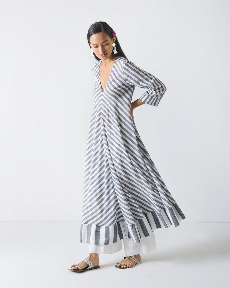 Domino Kurta - Charcoal & White Stripes