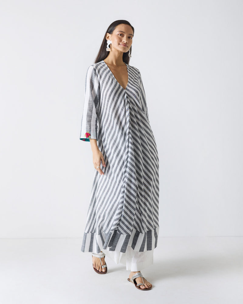 Domino Kurta - Charcoal & White Stripes