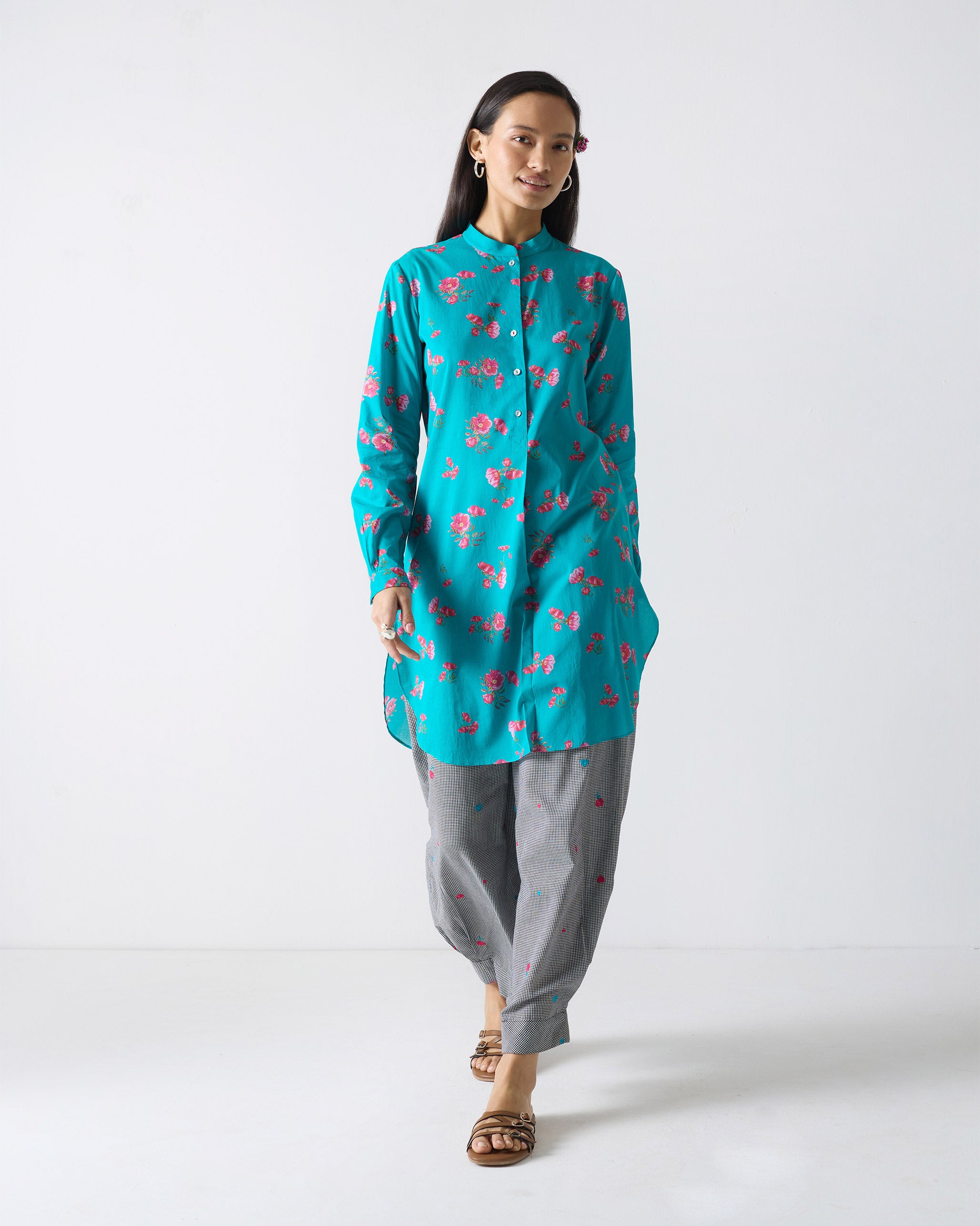 Basic Mid Length Kurta - Teal & Fuchsia Print