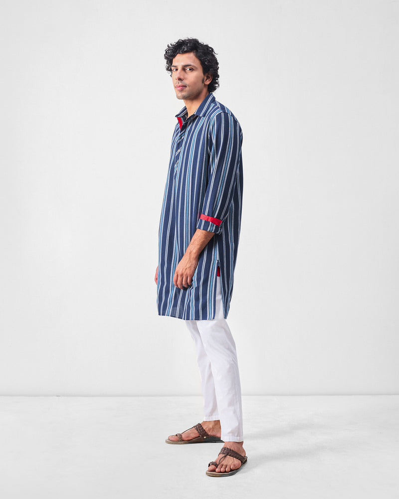 Comoros Kurta - Blue & Navy Stripes