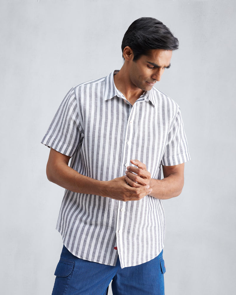 Half Sleeve Shirt - Charcoal & White Stripes