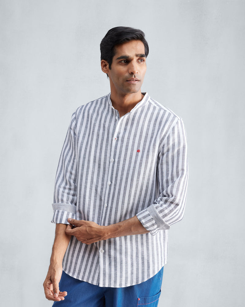 Nawab Shirt - Charcoal & White Stripes