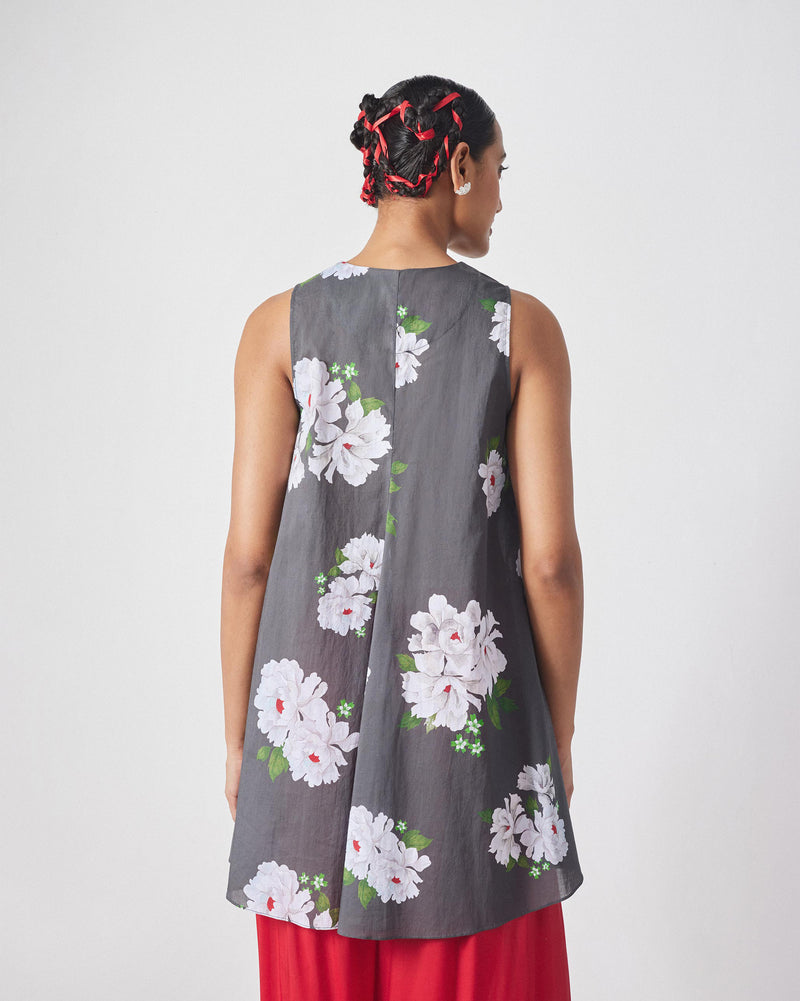 Lantern Top - Charcoal & Ivory Print