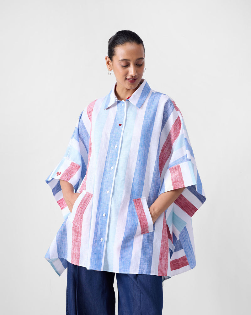 Shiro Boxy Shirt - Blue & Red Stripes