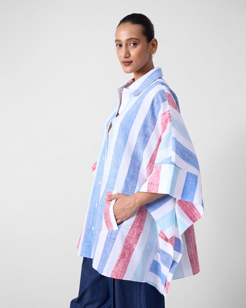 Shiro Boxy Shirt - Blue & Red Stripes