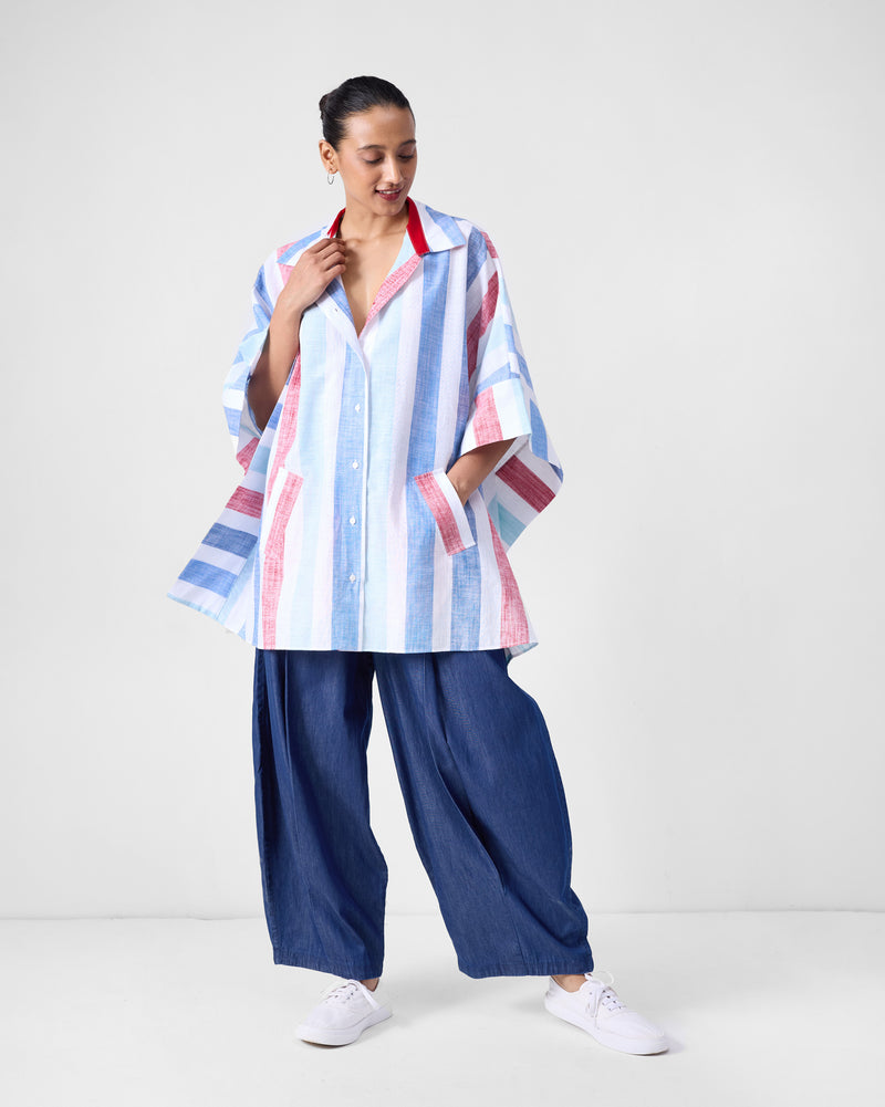 Shiro Boxy Shirt - Blue & Red Stripes