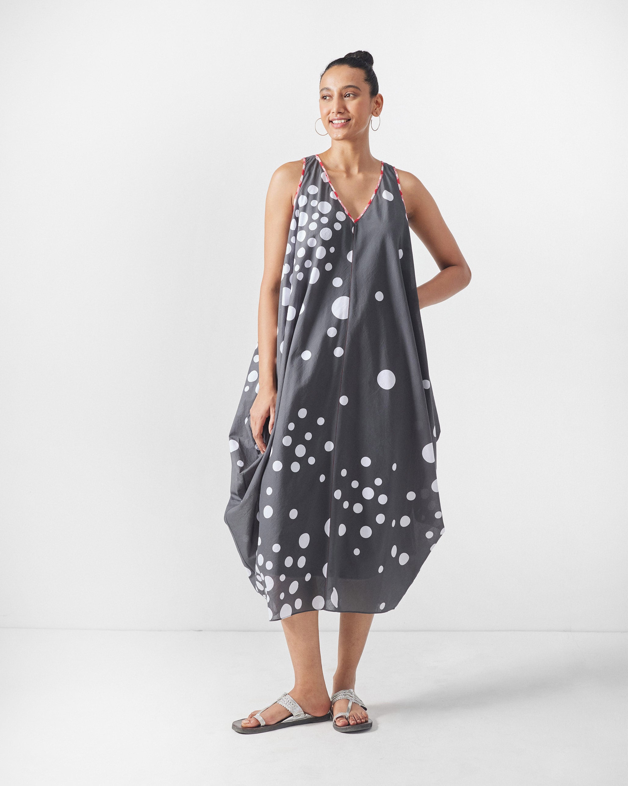 Cowl Dress with Slip - Charcoal & White Print