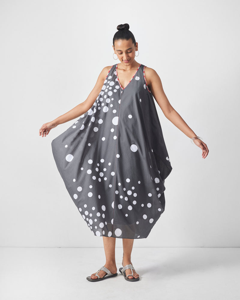 Cowl Dress with Slip - Charcoal & White Print