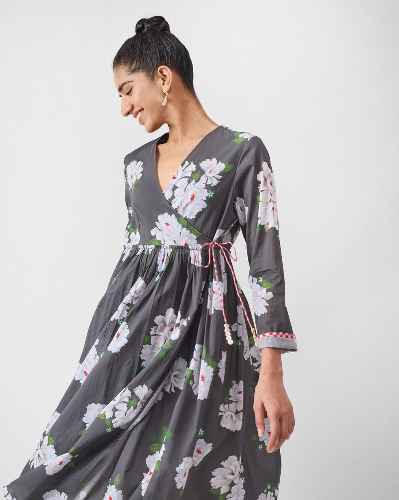 Gathered Angrakha - Charcoal & Ivory Print