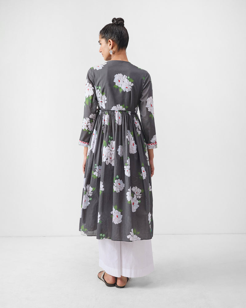 Gathered Angrakha - Charcoal & Ivory Print