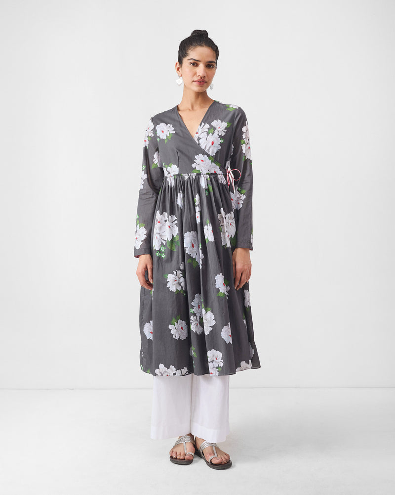 Gathered Angrakha - Charcoal & Ivory Print