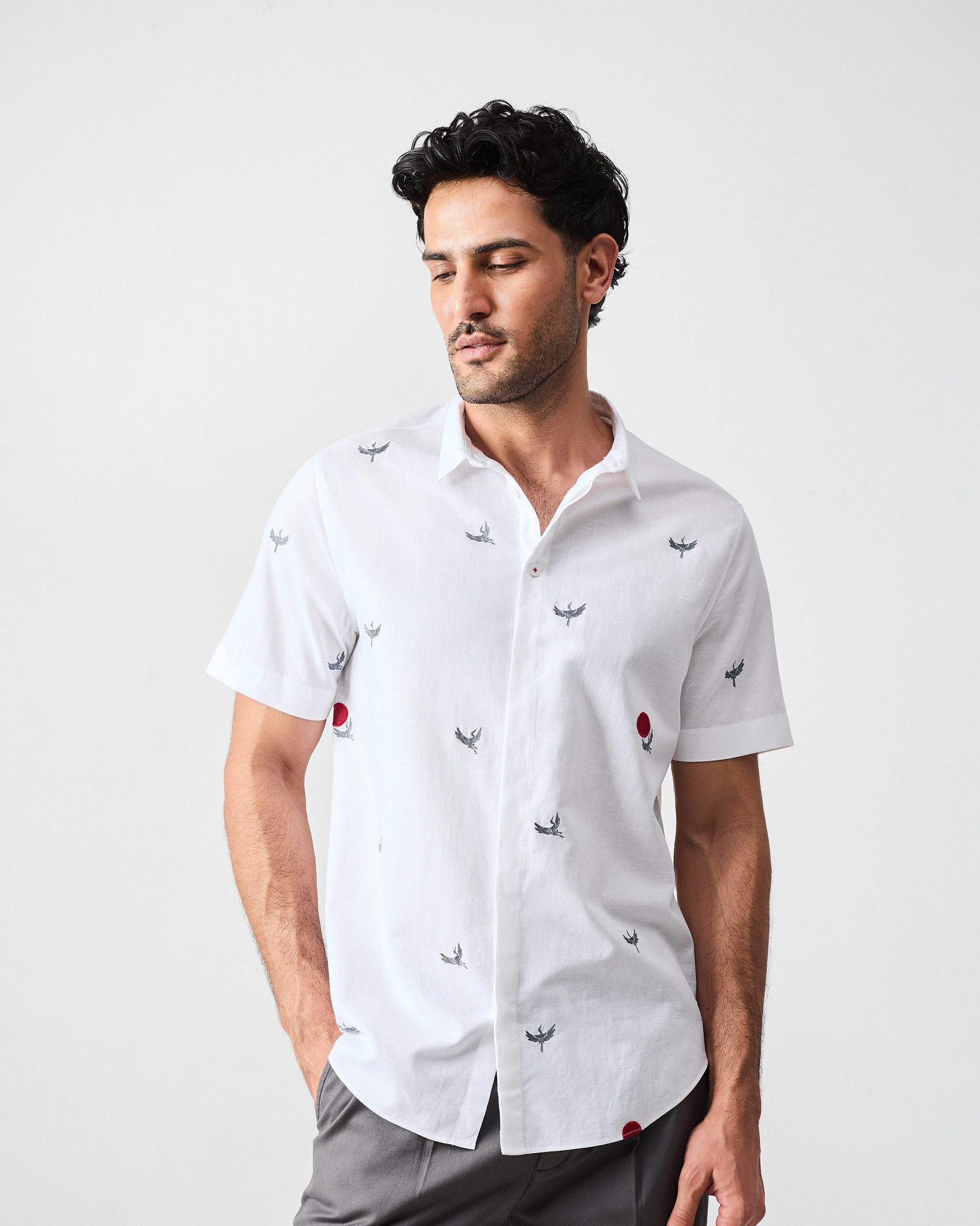 Riverline Shirt - White & Red Embroidered