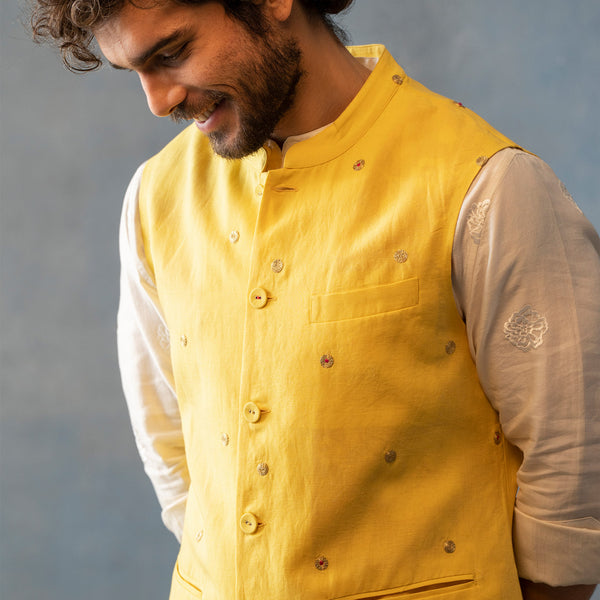 Buy Jaquard Banarasi Silk Mens Nehru Jacket in Yellow (NMK-6483) Online